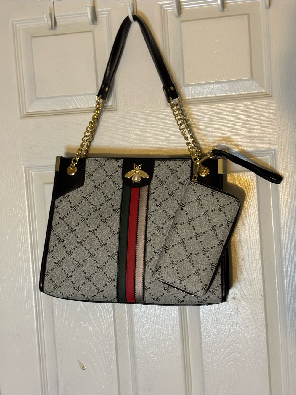 Chain Handle Bee Accent Satchel - Black, Red & Green